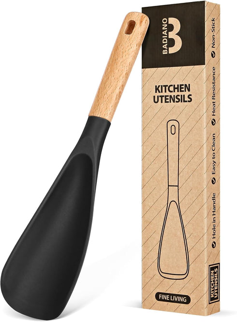 Cooking Spoon for Nonstick Cookware, Durable BPA-Free Matte Silicone, Wood Handle for Mixing, Scoop, and Scrape (Black)
