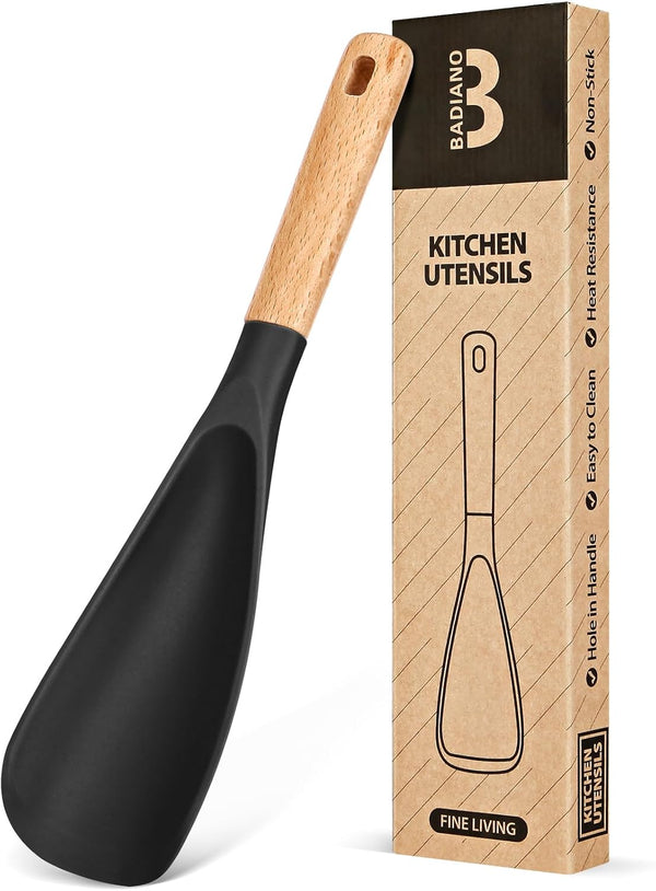 Cooking Spoon for Nonstick Cookware, Durable BPA-Free Matte Silicone, Wood Handle for Mixing, Scoop, and Scrape (Black)