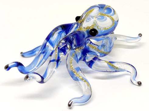 Octopus Miniature Figurines - Hand Blown Color Glass Art Collectible Gift Decor, 3.25" Blue Tone