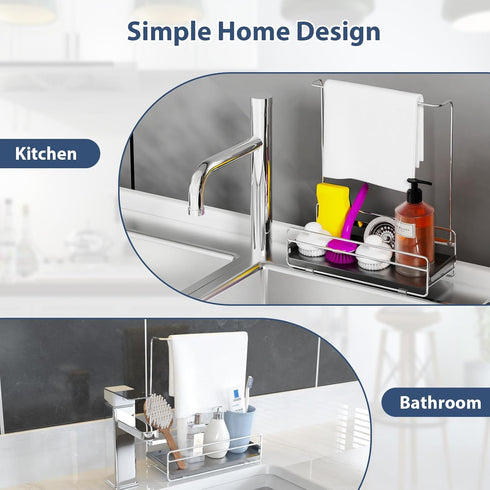 KABUM 304 4 Countertop 304 Stainless Steel Sponge Holder with Towel Rack for Kitchen Sink, Sink Caddy with Non-Slip