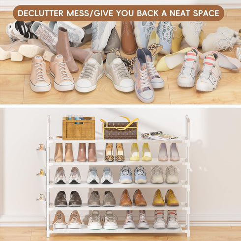 5 33.3in 11.2in 35.6in 20-25 OYREL Tier Shoe Organizer, Wide x Deep x Tall, Black Metal and Plastic Shoe Rack with Side