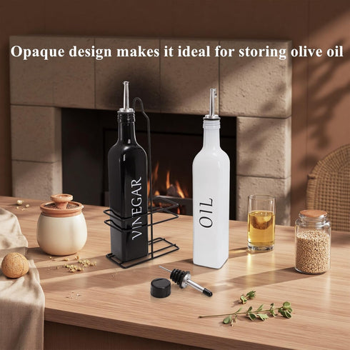 2 Pack Set 17oz Tebery Oil and Vinegar Dispenser with Caddy Holder, Black & White Olive Oil Dispenser Bottle, Cute