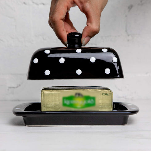 Countertop City to Cottage Large Ceramic Butter Dish With Lid for - Handcrafted Black and White Polka Dot Keeper
