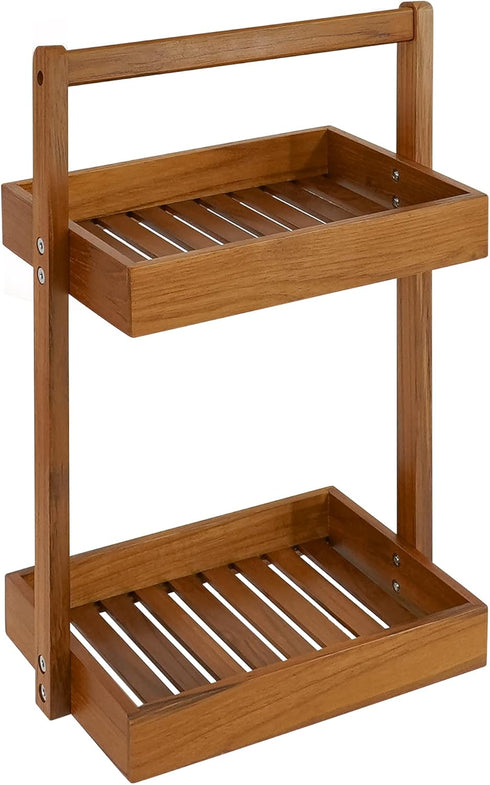 2 Countertop, Utoplike Teak Wood Shower Caddy Corner, Tier Bathroom Organizer Standing Shower Rack with Handle, Stand