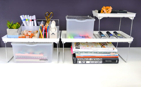 Madesmart Small Stackable Storage Shelf, Plastic Collapsible Cabinet Shelf for Home Organization, White, 9.38 x 7.63 x