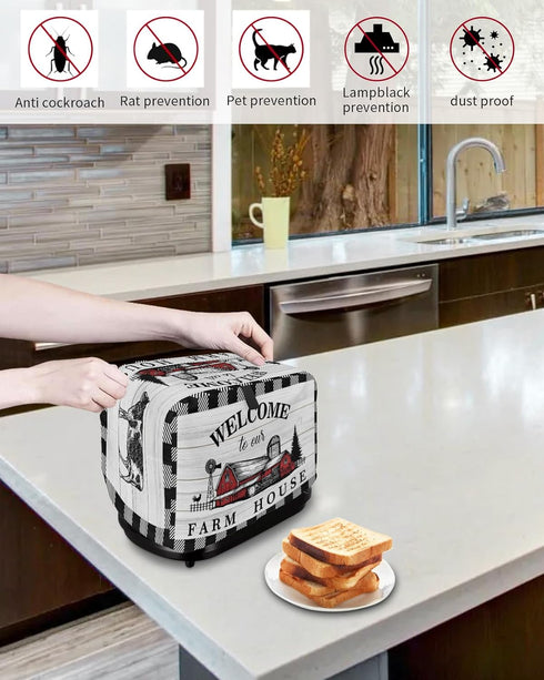 Welcome to Our Farm House 4 Slice Toaster Cover, Black and White Checkered, Large Kitchen Appliance Protection