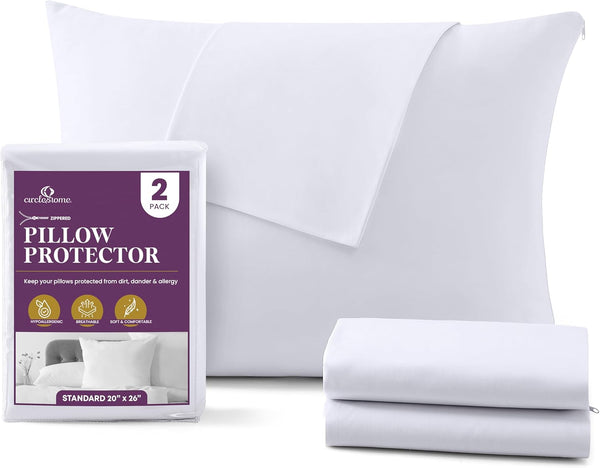CirclesHome Pillow Protectors, 2 Pack Standard Zippered, 100% Cotton Breathable Pillowcases, 20x26