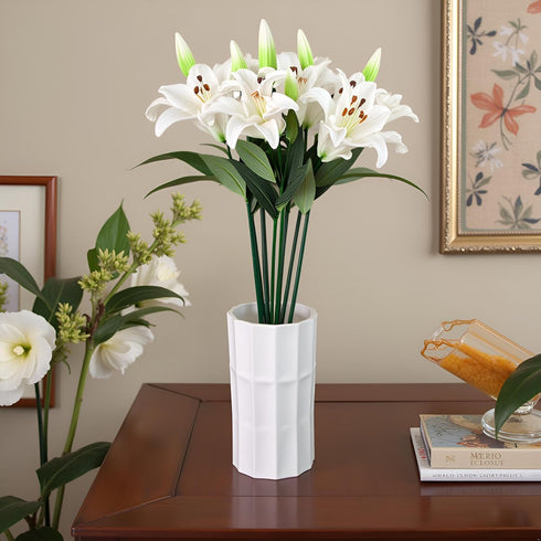 3 Pack 30" Extra Long Green & White Artificial Tiger Lily Flowers, Real Touch Latex Petals for Home Decor and Wedding