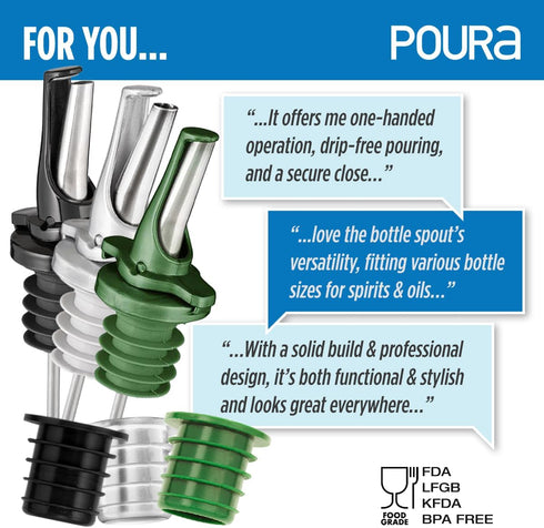 3-in-1 Liquor Pour Spout - Olive Oil Spout with Built-in Caps, Dishwasher Safe, Black 2 PCs