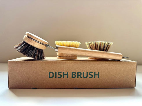 SUPRNN 1 3 Bamboo Dish Brush with Handle, Sturdy Wooden Handle with Natural Bristle Heads, Horsehair, Sisal, Palm - All