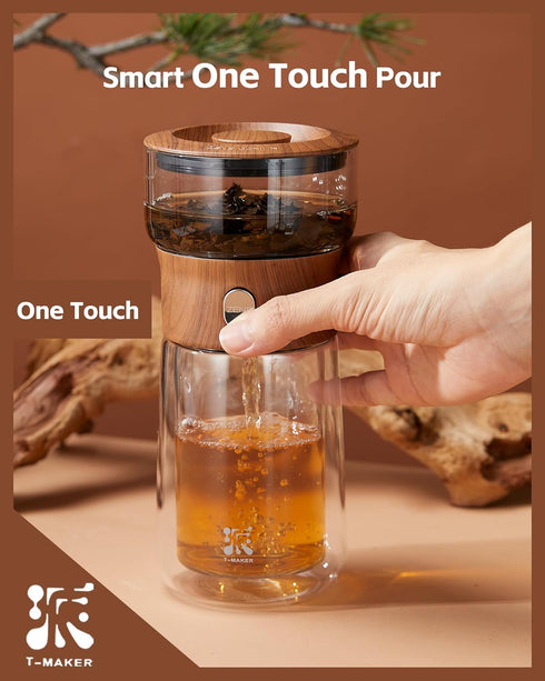 ZENS Modern Glass Infuser Teapot, One Touch Tea Maker for Loose Leaf Tea with Insulated Mug and Portable Case.