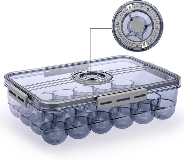 BTSKY Premium Plastic Egg Holder for Fridge - 24 Count Egg Container with Time Reminder and Lid, Reusable Stackable Egg