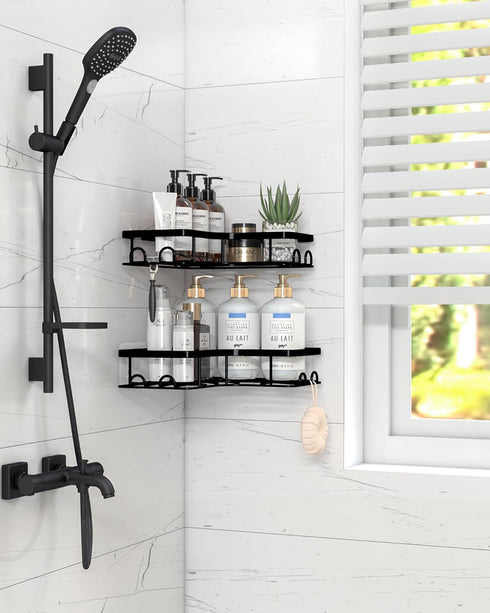 2 Pack, 8 Sakugi Corner Shower Caddy - Adhesive Shower Organizers, Rustproof Stainless Steel Shower Shelves with Hooks