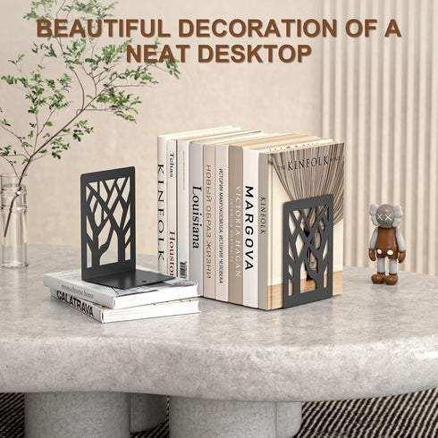 4-Piece VFINE Modern Metal Bookends for Shelves, Black Tree Book Ends for Books, Decorative Book Organizer for Desk