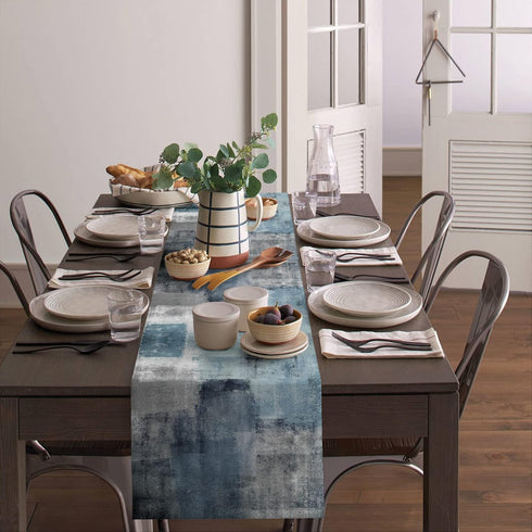 Dusty Blue Table Runner, 72 Inches Long, Grey Abstract Art for Farmhouse Kitchen Dining Table Decor