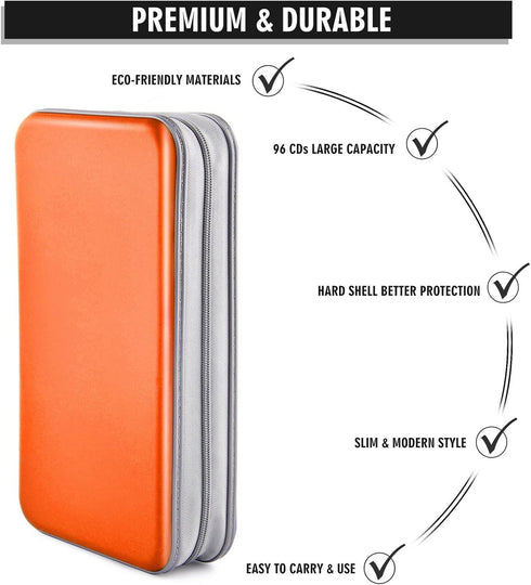 Bivisen DVD Case Holder Wallet Binder, 96 Capacity CD/DVD Storage Organizer for Car, Home, Travel (Orange)