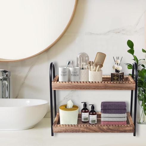 Countertop 2 BDBDYEAY Bathroom Organizer, Tier Vanity Organizer and Storage for Cosmetic Skincare Perfume, Wood Bead