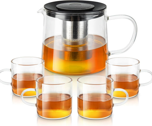 Glass Teapot 34oz/1000ml with 4 Pack Tea Cups Gift Set, Removable Stainless Steel Infuser, Heatproof Borosilicate Glass