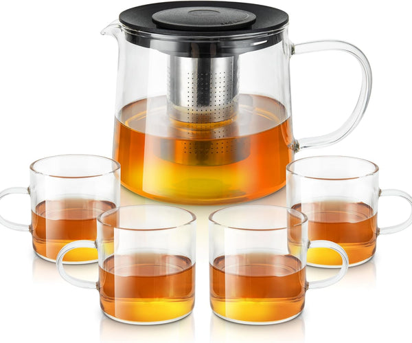 Glass Teapot 34oz/1000ml with 4 Pack Tea Cups Gift Set, Removable Stainless Steel Infuser, Heatproof Borosilicate Glass