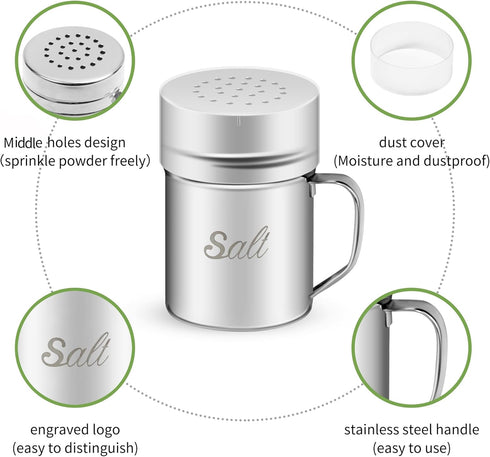 Stainless Steel Salt and Pepper Shakers Set, 6 OZ Spice Shaker with Lid and Handle, Medium Holes, 2 Pieces