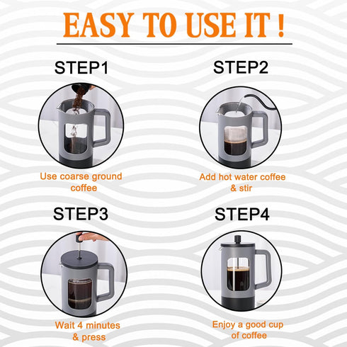 YOLIFE 21oz French Press Coffee Maker - Grey and Black Heat-Resistant Borosilicate Glass with 4-Level Filters