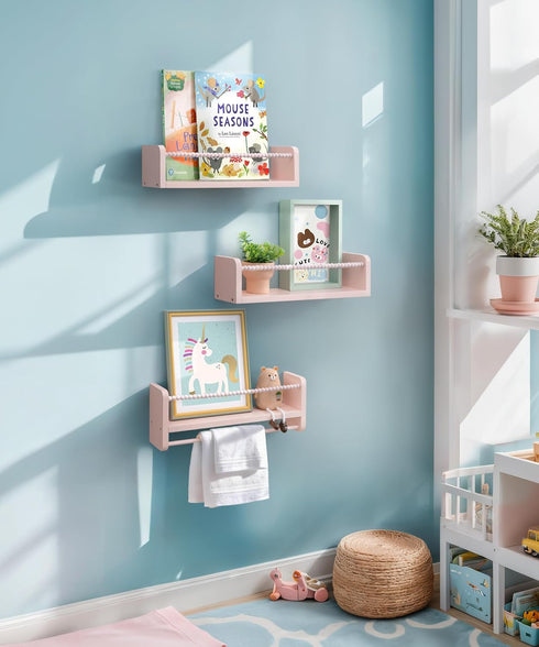 Set 3 Maxpeuvon Nursery Book Shelves, of Kids Bookshelves Natural Wood Wall Mount Organizer with Towel Bar Hanging