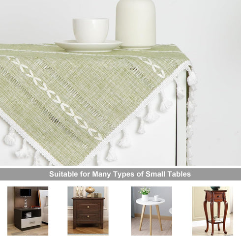 24 24 Inch Rustic Bedside Square Small Tablecloth Striped Embroidered Washable Sage Green Table Cover Farmhouse