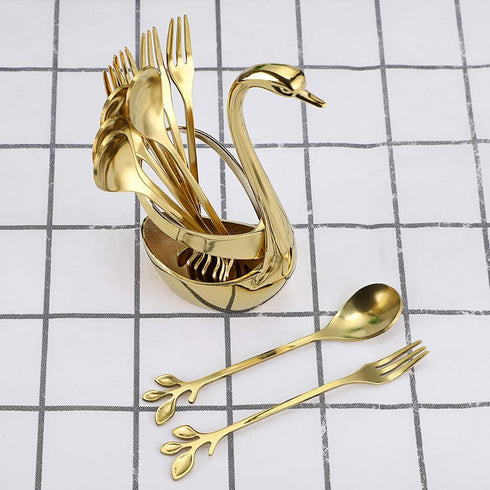 AnSaw Gold Swan Base Holder Set with 10 Pcs Mini Leaf Teaspoons & Dessert Forks - Perfect for Appetizers, Salads