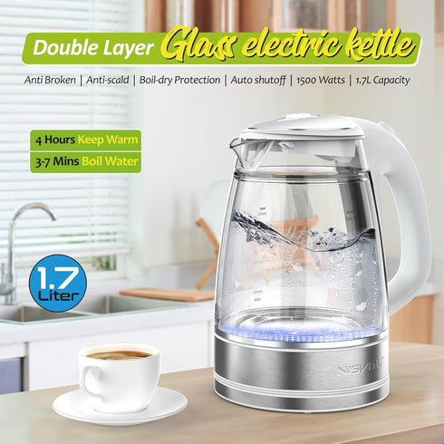 1500W, 1.7L, NISVITU Glass & Stainless Steel Cordless Electric kettle for boiling water, Hot water boiler Electric Tea