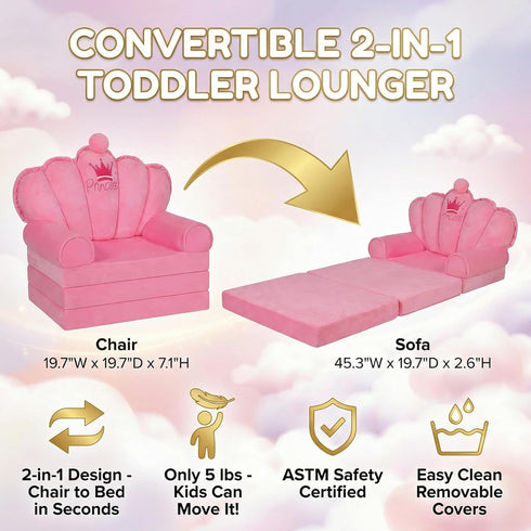 harhoers 2-in-1 1-5, Pink Princess Toddler Couch, Foldable Sofa Bed & Chair for Kids Space-Saving for Small Rooms, Fits