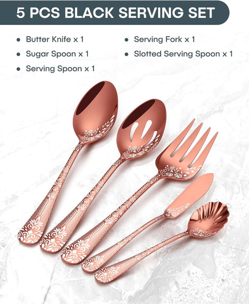 EUIRIO Stainless Steel Copper Serving Utensils Large Serving Spoon Set Serving Fork Slotted Spoon Buffer Knife and Sugar Spoon Kitchen Party Supply (Rose Gold,5 Pieces) by EUIRIO