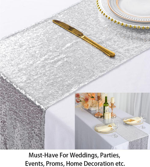 ShinyBeauty Sequin Tassel Table Runner - Silver 12in x 90in Sequin Table Runners with Tassels for Rustic Fall Home