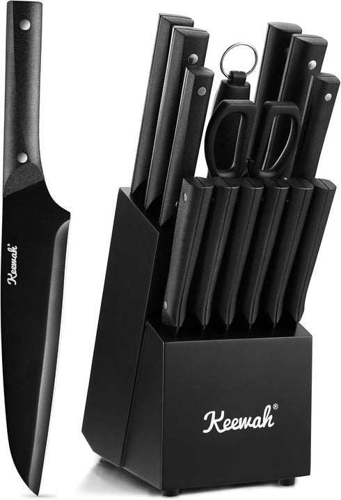 Keewah Knife Set, 15 Piece Kitchen Knives Set with Block, Black