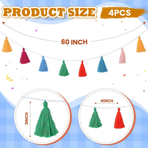 WILLBOND 4 Pcs Rainbow Tassel Garland, Boho Classroom Decor for Kids Room Birthday Party Baby Shower