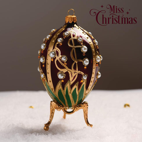 2025 5-Inch Miss Christmas Palace Collection Red and Gold Faberg Egg Blown Glass Christmas Tree Ornament (Lily of The