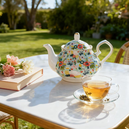 33.8 oz Porcelain Tea Pot Luxury Gold Trim Floral Ceramic Teapot Waterpot Tea Maker for Blooming Loose Leaf Tea Coffee