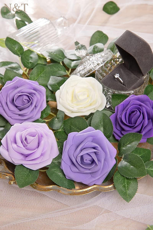 N&T NIETING 25pcs Artificial Flowers Rose with Stems for DIY Wedding Bouquets & Home Decoration, Series Purple