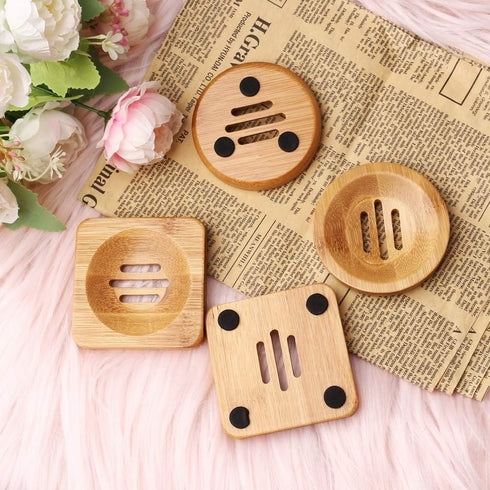 SUMAJU 4 Pcs Wooden Soap Holders, Natural Bamboo Soap Dish Square & Round for Home Bathroom
