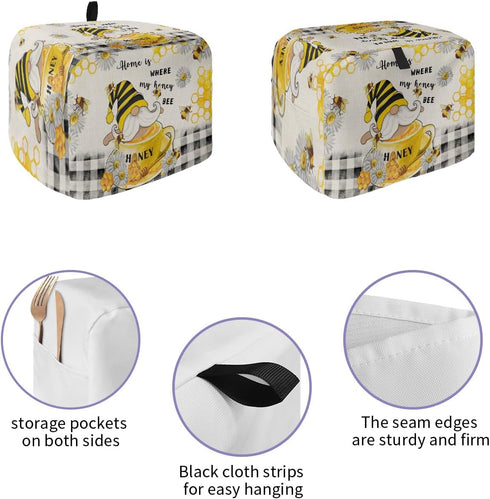 Honey Gnomes Toaster Cover 4 Slice, Large Kitchen Appliance Covers, Spring Floral Yellow Summer Bee Black Plaid Toaster Oven Cover with Loop, Bread Machine Cover Polyester Dust Cover Protection