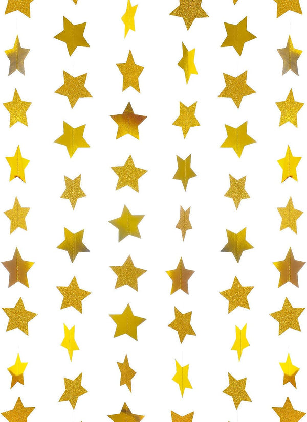 WEVEN Gold Glitter Star Garland Reflective Paper Party Streamers for Wedding, Baby Shower, Nursery Decoration