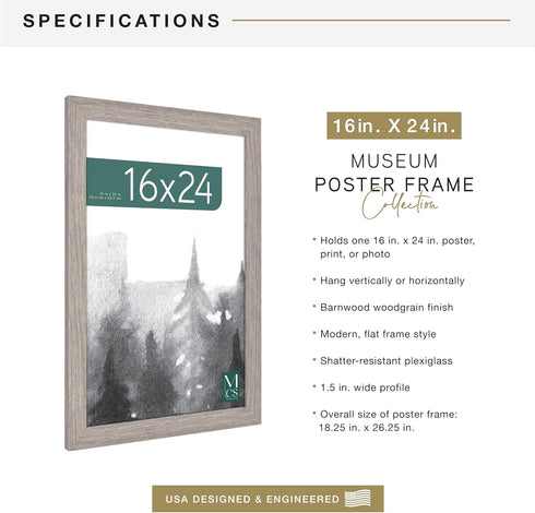 MCS Museum Poster Frame 16x24 Barnwood, Vertical & Horizontal Wall Hanging Large Picture Frame for Photos