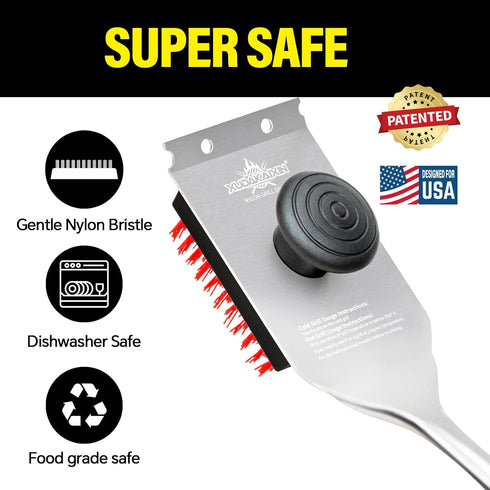 XUDAKAIXIN Nylon Grill Brush, Dual Grip Design, with Extended Luxurious Acacia Wood Handle, Safe Nylon Bristles