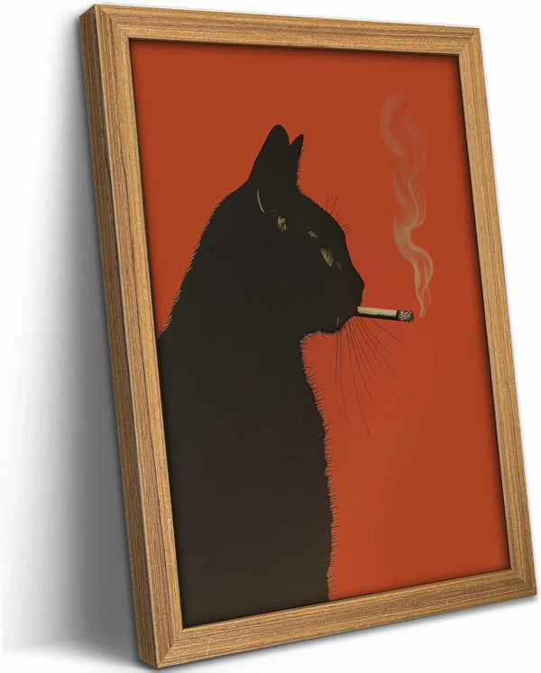 Wood Framed Vintage Black Cat Wall Art Funny Cat Smoking a Cigarette