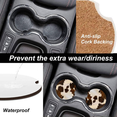 Absorbent Car Coasters 2 Pack - Cow Hide Car Coaster for Drinks, Ceramic Stone Cup Holder with Finger Notch, Brown