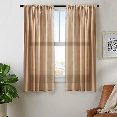 MRTREES Taupe Short Sheer Curtains - 45 inches Long Kitchen Curtains for Small Window Voile Bathroom Treatment Set