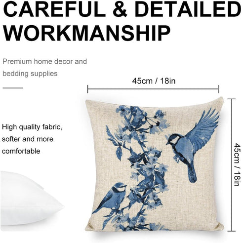 Chinoiserie Pillow Cover Blue Cherry Blossom and Birds Cotton Linen Decorative Throw Pillow Case Cushion Cover for Bedroom Sofa Living Room Couch Chair Office 18 X 18 Inch by Compladeta