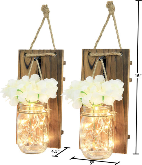 Greenco GRC2859 Rustic Wall Hung Mason Jar Sconce with Faux Flower and LED Strip Lights