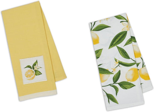 DII Design Imports Coordinating Cotton Dishtowel Sets - 2 Tea Towels with Embroidered and Printed Lemon Design