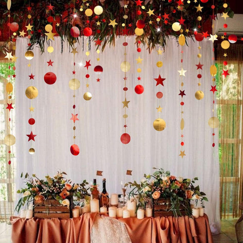Cheerland Gold Red Star Garland Party Decorations, Burgundy Circle Dots Moon Hanging Backdrop for Birthdays