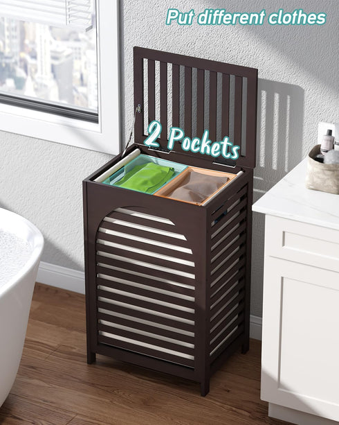 Laundry Hamper with Lid - 22.5 Gallon (85L) Bamboo Wood Clothes Basket with Lid and Handles, Brown